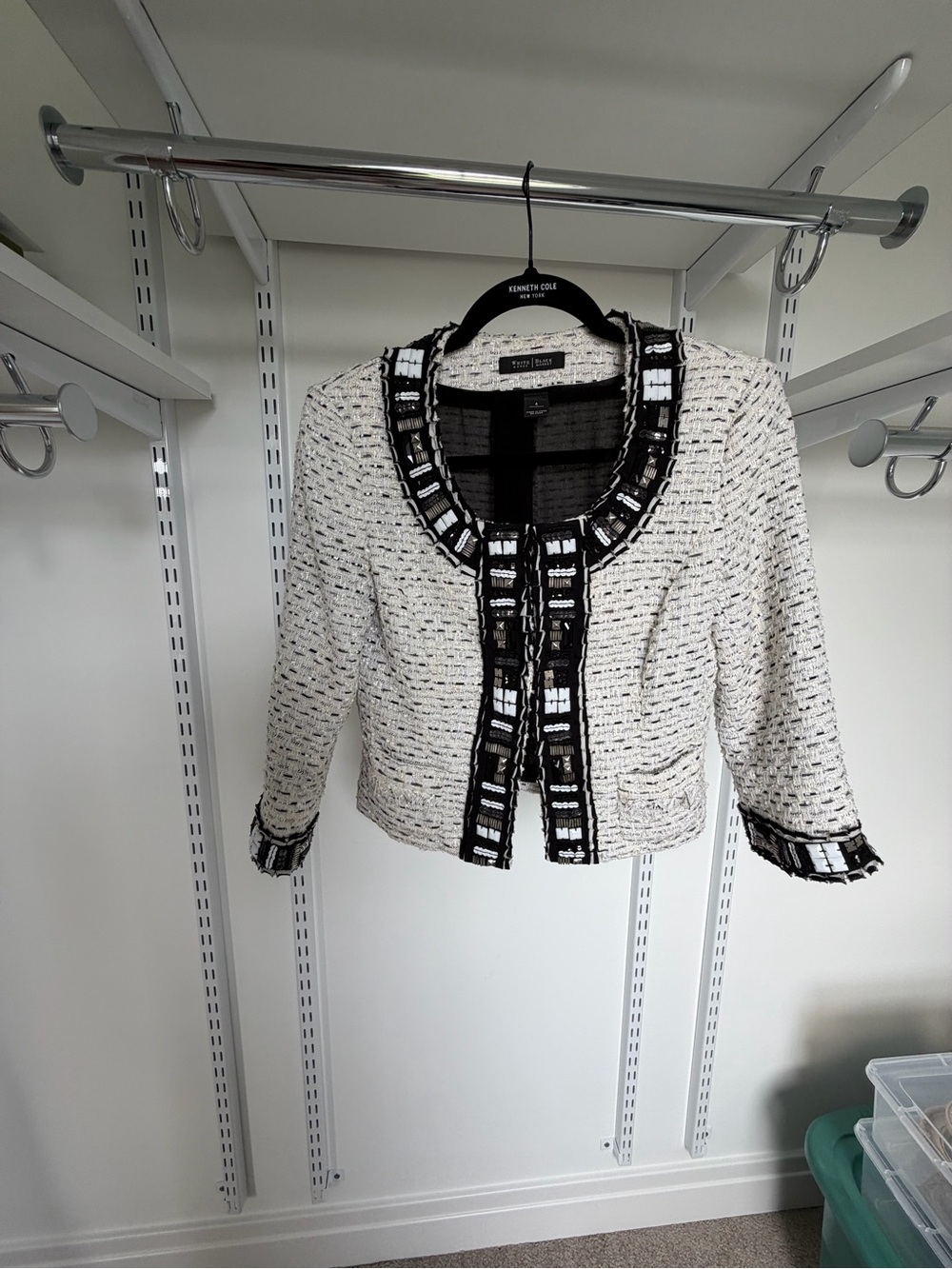 White House Black Market White Tweed Cropped Jacket with Black Trim